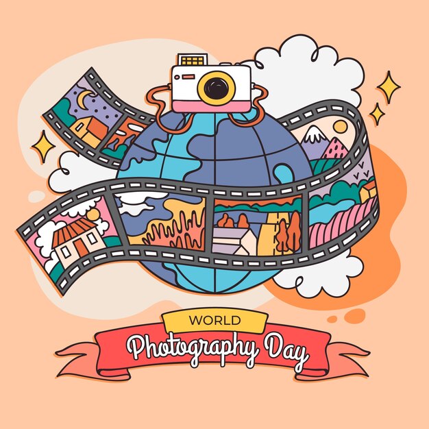 Illustrazione disegnata a mano per la celebrazione della Giornata Mondiale della Fotografia