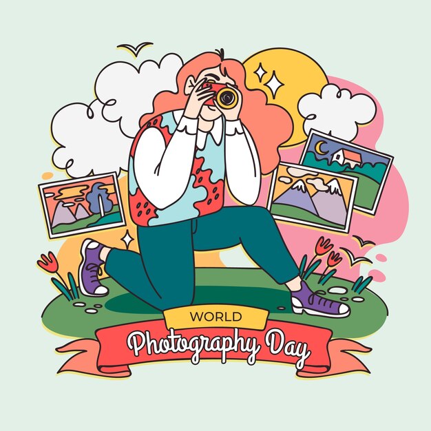Illustrazione disegnata a mano per la celebrazione della Giornata Mondiale della Fotografia