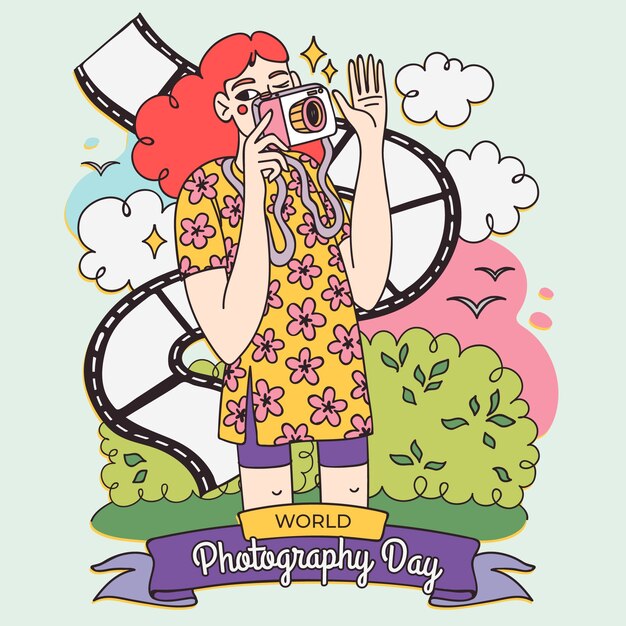 Illustrazione disegnata a mano per la celebrazione della giornata mondiale della fotografia