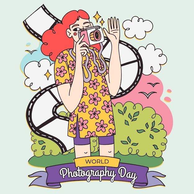 Illustrazione disegnata a mano per la celebrazione della giornata mondiale della fotografia