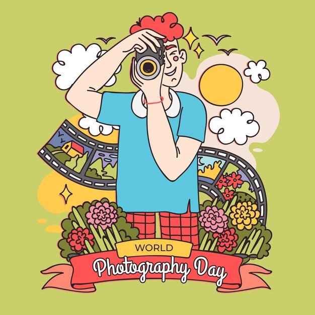 Illustrazione disegnata a mano per la celebrazione della giornata mondiale della fotografia