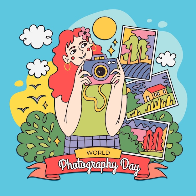 Illustrazione disegnata a mano per la celebrazione della giornata mondiale della fotografia