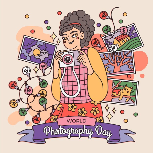 Illustrazione disegnata a mano per la celebrazione della giornata mondiale della fotografia