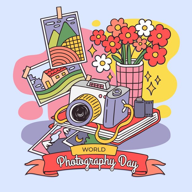 Illustrazione disegnata a mano per la celebrazione della giornata mondiale della fotografia