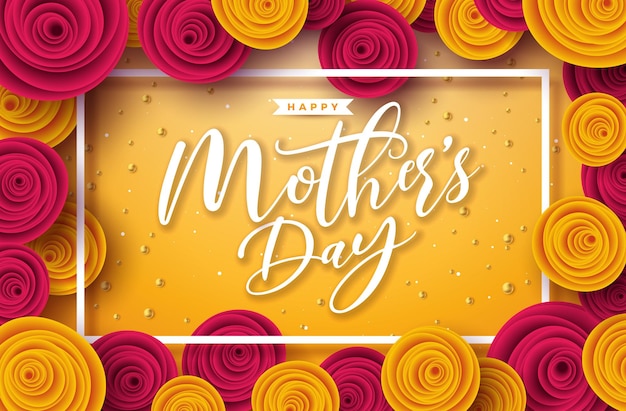 Illustrazione felice della festa della mamma con la perla del fiore della rosa e la lettera di tipografia su fondo giallo