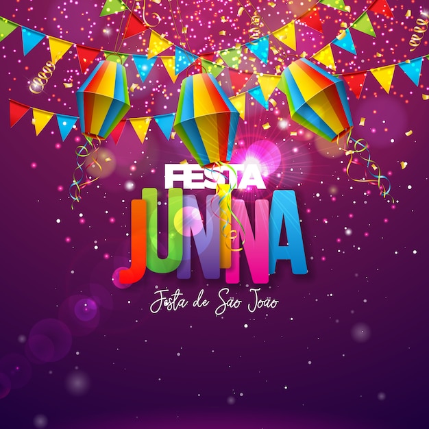 Illustrazione Festa Junina con bandiere del partito, lanterna di carta e lettere colorate su sfondo lucido. Brasile June Festival Design per biglietto di auguri, invito o poster di vacanza.