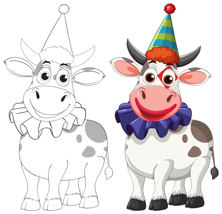 Vettore gratuito illustrazione giocosa di una mucca clown con un cappello da festa