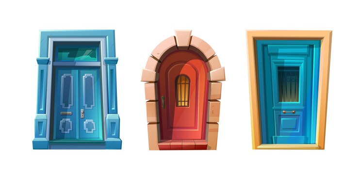 Vettore gratuito illustrazione in stile cartone animato vettoriale porte anteriori in legno in blu rosso castello ad arco in pietra medievale entra