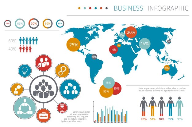 Illustrazione infografica della mappa del mondo di persone di affari, mappa aziendale con elemento grafico e grafico.