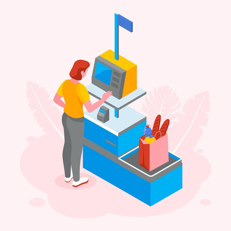 Vettore gratuito illustrazione isometrica cassiere self-service