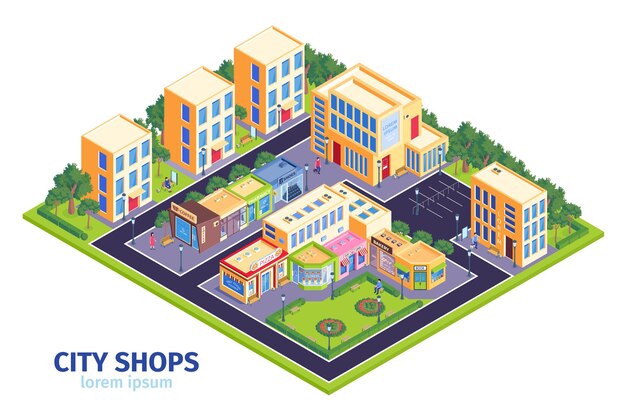 Illustrazione isometrica dei negozi della città