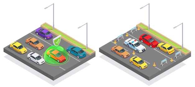illustrazione isometrica del design del parcheggio