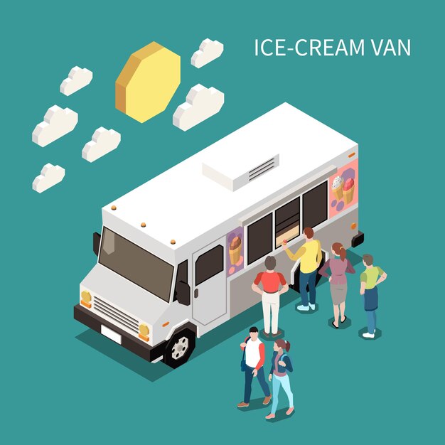 Illustrazione isometrica del furgone del gelato con le persone in piedi vicino al camion di cibo per acquistare prodotti dolci