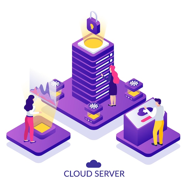 Illustrazione isometrica della composizione del servizio cloud server sicuro del datacenter