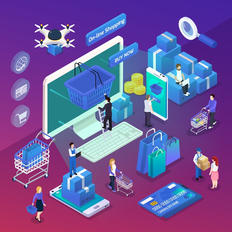 Vettore gratuito illustrazione isometrica dello shopping online