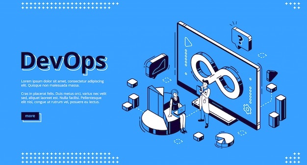 Illustrazione isometrica di Devops per web design, sviluppo e funzionamento