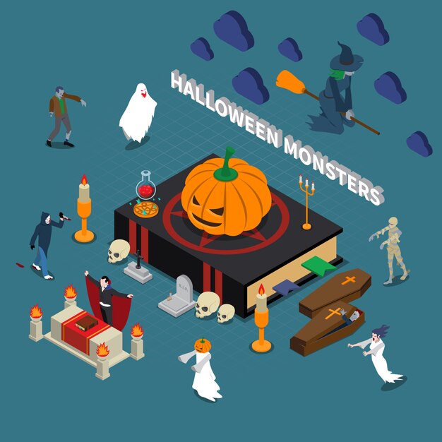 Illustrazione isometrica di mostri di halloween