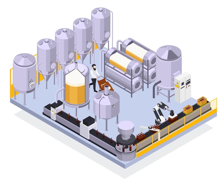 Vettore gratuito illustrazione isometrica di produzione di birra del birrificio con vista della linea automatizzata di strutture industriali con bottiglie e illustrazione del lavoratore