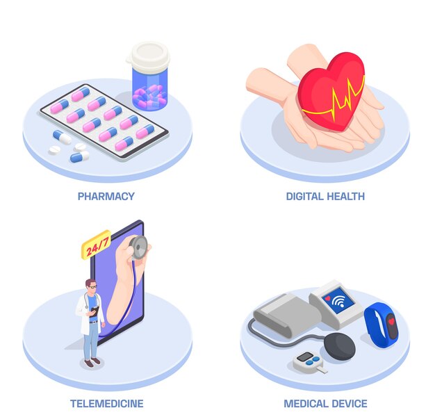 Illustrazione isometrica di telemedicina e salute digitale