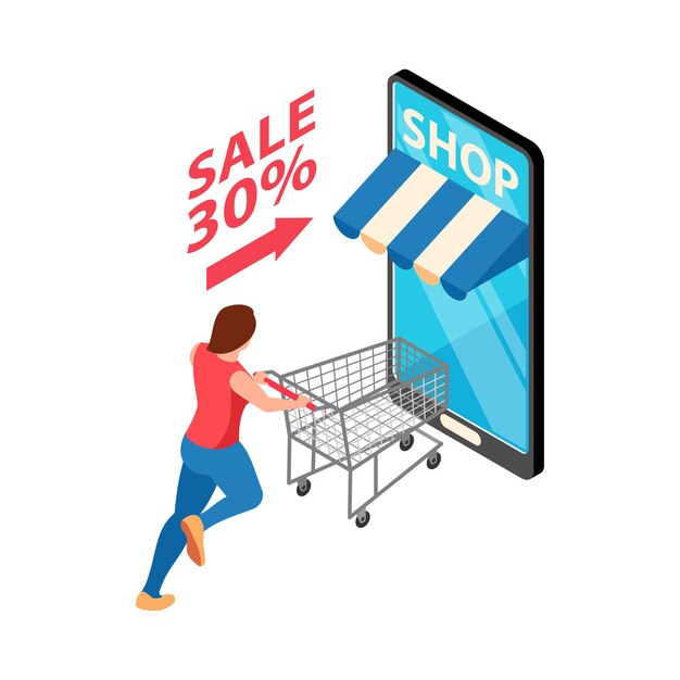 Illustrazione isometrica di vendita del negozio online con smartphone e personaggio che corre con il carrello