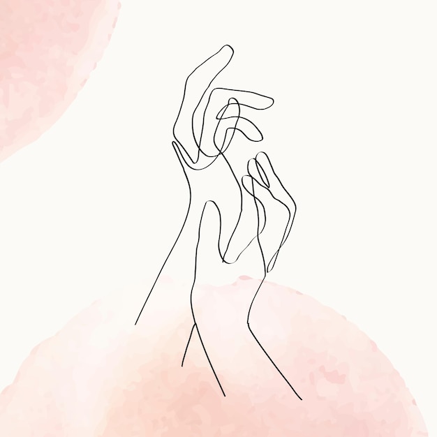 Illustrazione minima di vettore di arte di linea di mani femminili su sfondo acquerello pastello arancione