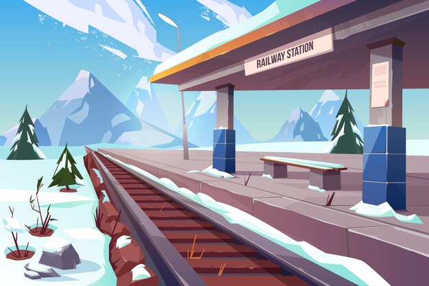 Illustrazione nevosa del paesaggio di inverno delle montagne della stazione ferroviaria