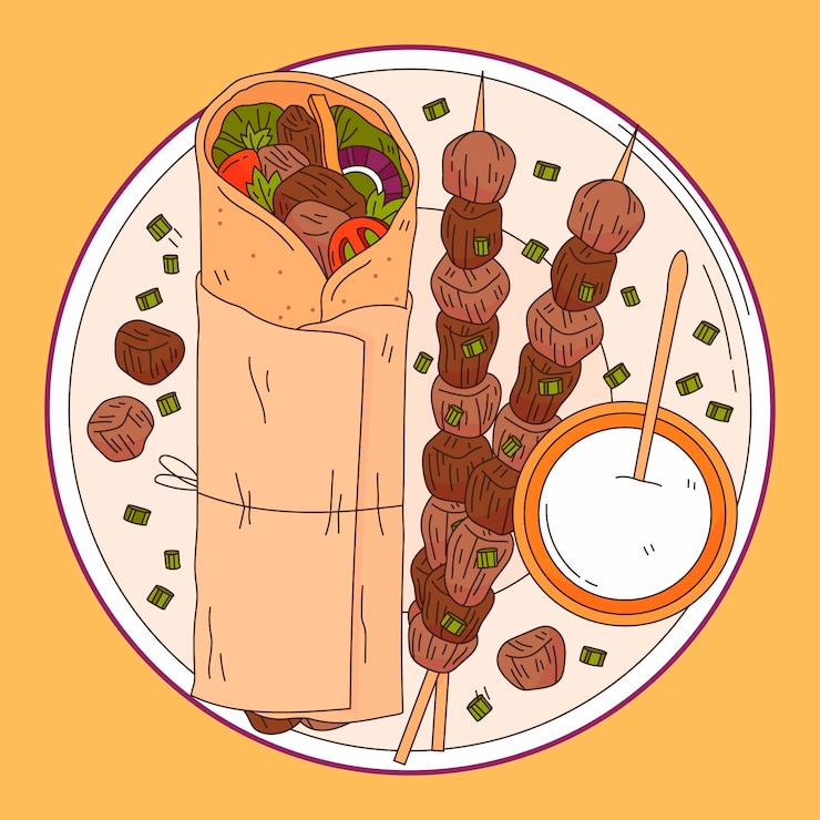 Vettore gratuito illustrazione nutriente disegnata di shawarma