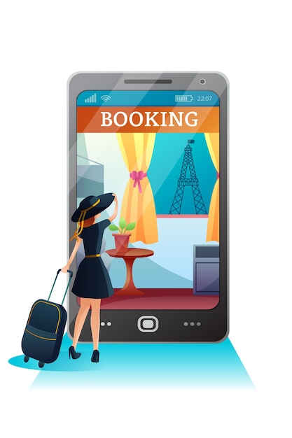 Illustrazione online della prenotazione dell'hotel La ragazza usa lo smartphone per la prenotazione online Turista dei cartoni animati con la valigia Hotel di Parigi con servizio mobile con vista sulla Torre Eiffel per viaggiare