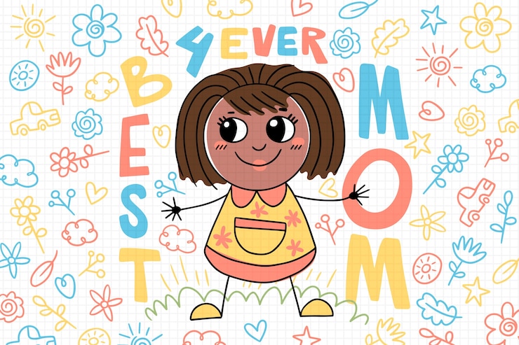 Vettore gratuito illustrazione piana dei disegni dei bambini di festa della mamma