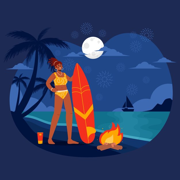 Illustrazione piana di notte d'estate con la donna sulla spiaggia con la tavola da surf