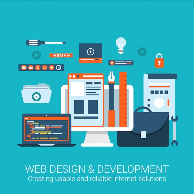 Illustrazione piana di progettazione di concetto di utilità pratica degli strumenti di processo creativi degli elementi dell'interfaccia di sviluppo di Webdesign