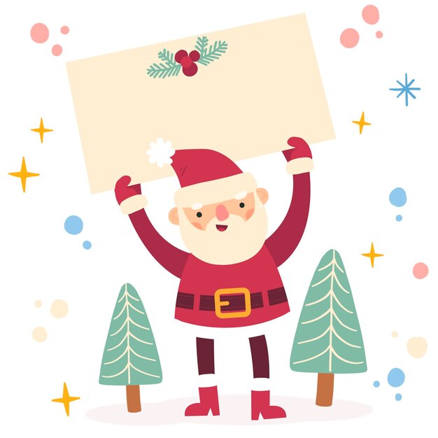 Illustrazione piana disegnata a mano del carattere di natale che tiene bandiera in bianco