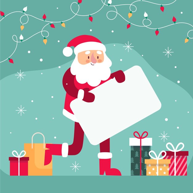 Illustrazione piana disegnata a mano del carattere di natale che tiene bandiera in bianco