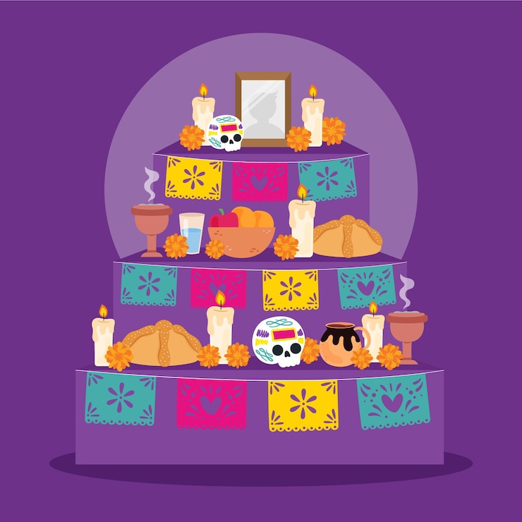 Vettore gratuito illustrazione piana disegnata a mano dell'altare della casa della famiglia dia de muertos