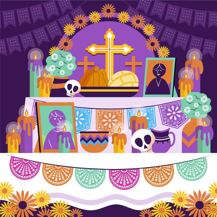 Vettore gratuito illustrazione piana disegnata a mano dell'altare della casa della famiglia dia de muertos