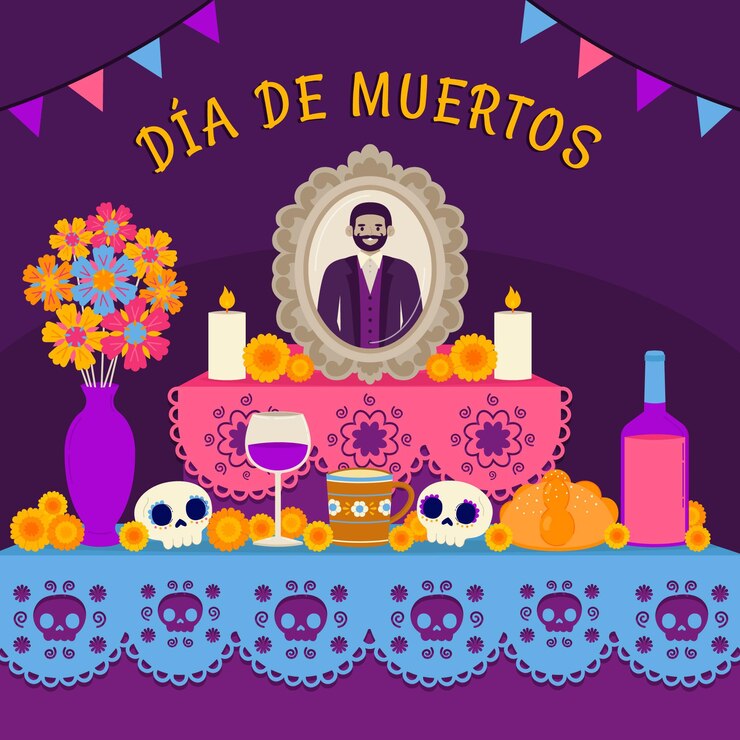 Vettore gratuito illustrazione piana disegnata a mano dell'altare della casa della famiglia dia de muertos