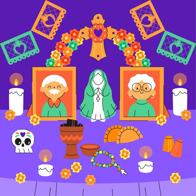 Illustrazione piana disegnata a mano dell'altare della casa della famiglia dia de muertos