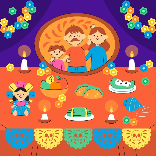 Illustrazione piana disegnata a mano dell'altare della casa della famiglia dia de muertos