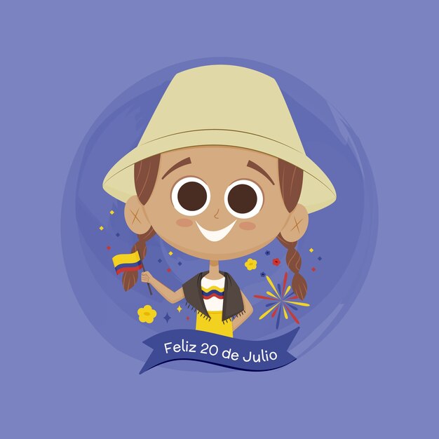 Illustrazione piatta 20 de julio con bambino che tiene bandiera colombiana