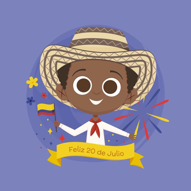 Illustrazione piatta 20 de julio con bambino che tiene bandiera colombiana