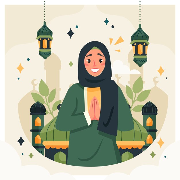 Illustrazione piatta del nuovo anno islamico con donna che prega e lanterne