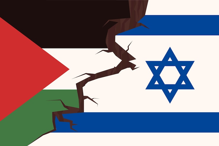 Vettore gratuito illustrazione piatta della bandiera di guerra di israele palestina