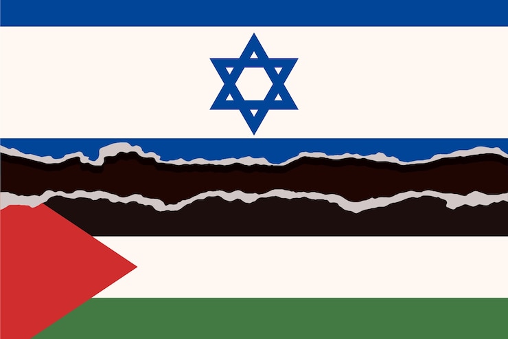 Vettore gratuito illustrazione piatta della bandiera di guerra di israele palestina