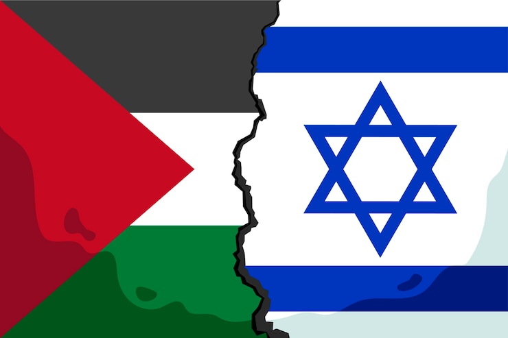Vettore gratuito illustrazione piatta della bandiera di guerra di israele palestina