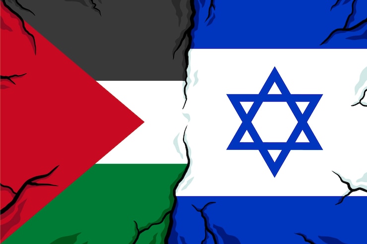 Vettore gratuito illustrazione piatta della bandiera di guerra di israele palestina