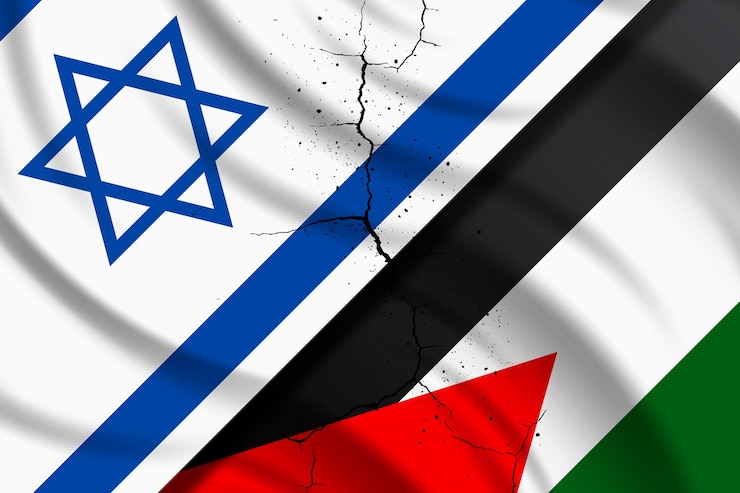 Vettore gratuito illustrazione piatta della bandiera di guerra di israele palestina