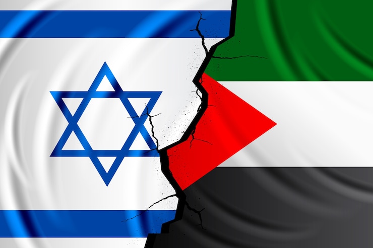 Vettore gratuito illustrazione piatta della bandiera di guerra di israele palestina