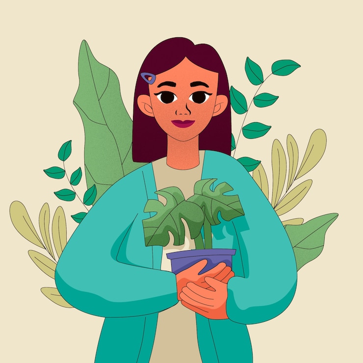 Vettore gratuito illustrazione piatta della donna iraniana con pianta in vaso e foglie