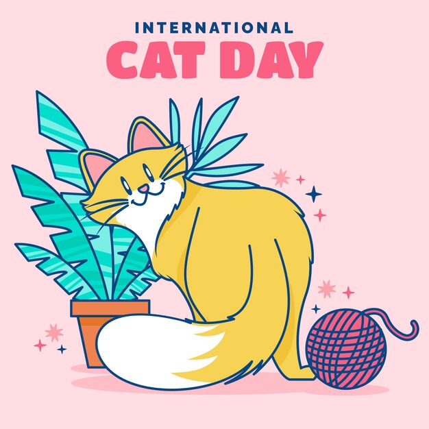 Illustrazione piatta della giornata internazionale del gatto con gatto e filato