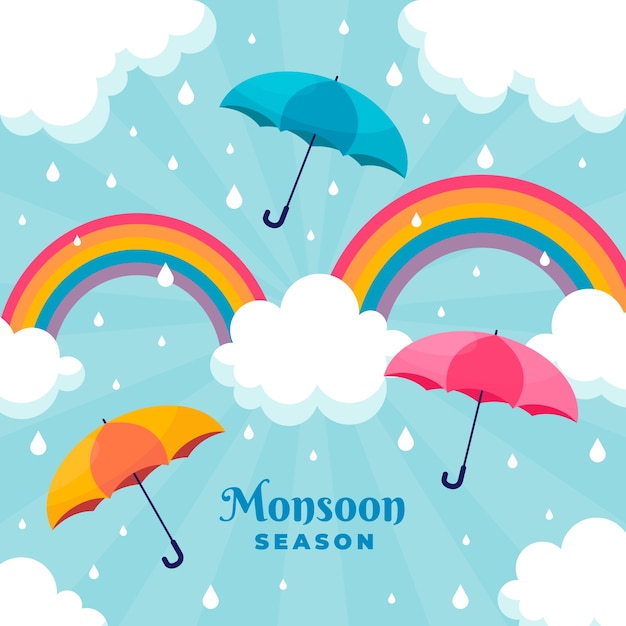 Illustrazione piatta della stagione dei monsoni con ombrelloni e arcobaleno